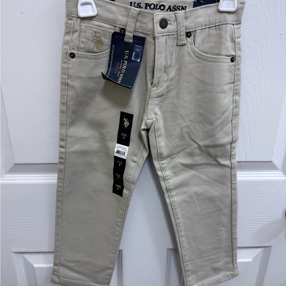 NWT U.S. Polo Assn. Kids Beige Twill Jeans, Size 4